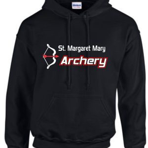 St Margaret Mary Archery Black Hoodie G185 with "st. margaret mary archery" in white and red text, featuring an archery target and arrow logo on the left side.