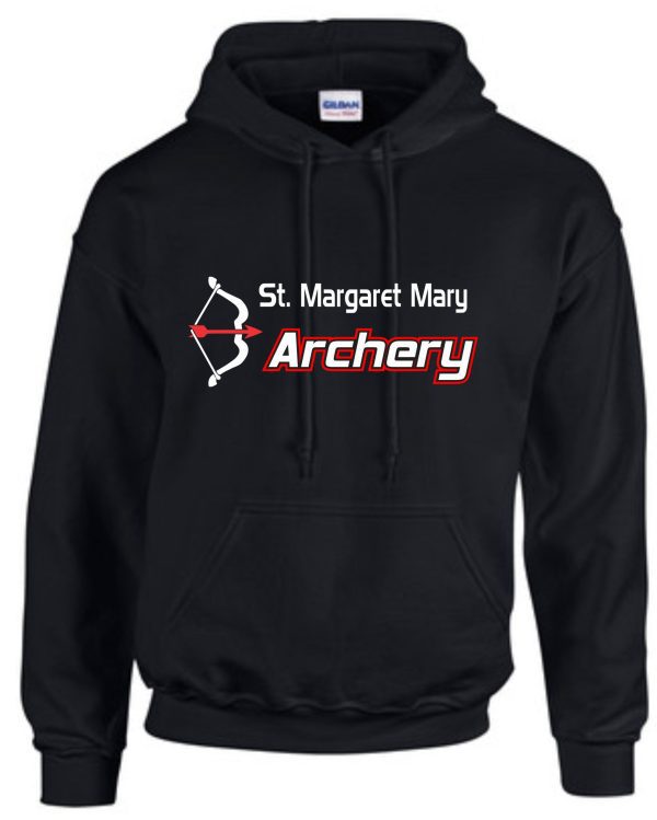 St Margaret Mary Archery Black Hoodie G185 with "st. margaret mary archery" in white and red text, featuring an archery target and arrow logo on the left side.