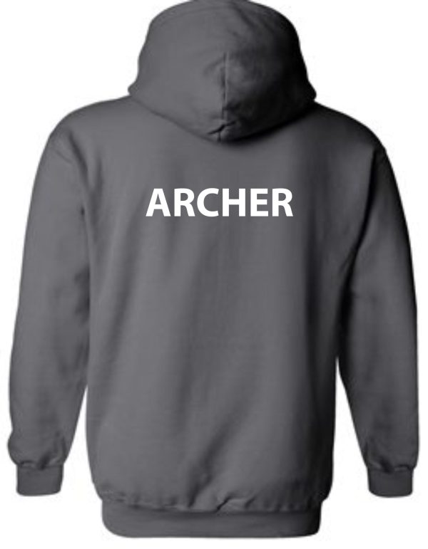 St Margaret Mary Archery Charcoal Hoodie G185 with the word "archer" printed on the back.