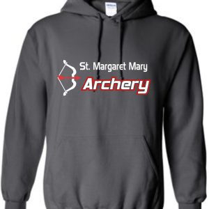 Charcoal hoodie with "St Margaret Mary Archery" logo and an image of an arrow and bow in red and white on the chest.