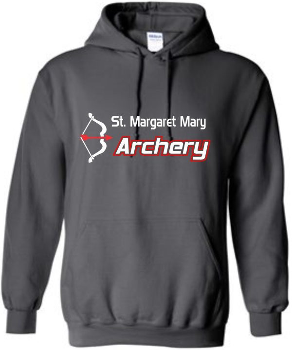 Charcoal hoodie with "St Margaret Mary Archery" logo and an image of an arrow and bow in red and white on the chest.