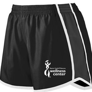 Black and white running shorts with logo.