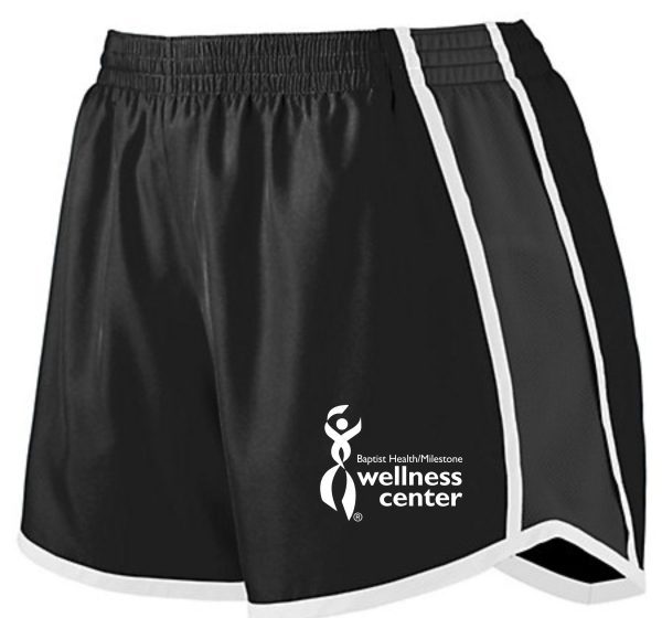 Black and white running shorts with logo.