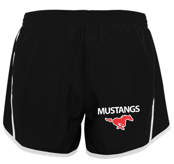 St Margaret Mary Spirit shorts Aug 1265 Adult or 1266 Youth featuring a red mustang logo and the word "mustangs" on the left leg.