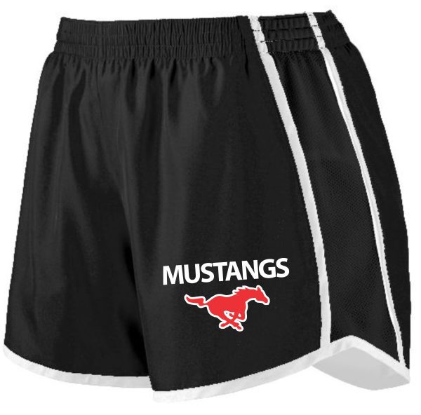 Black and white St Margaret Mary Spirit shorts Aug 1265 Adult or 1266 Youth with a red "mustangs" logo and silhouette of a running horse on the left leg.