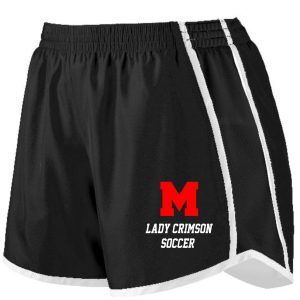 Manual Lady Crimson Soccer shorts with a red "m" logo and the words "lady crimson soccer" on the left leg.