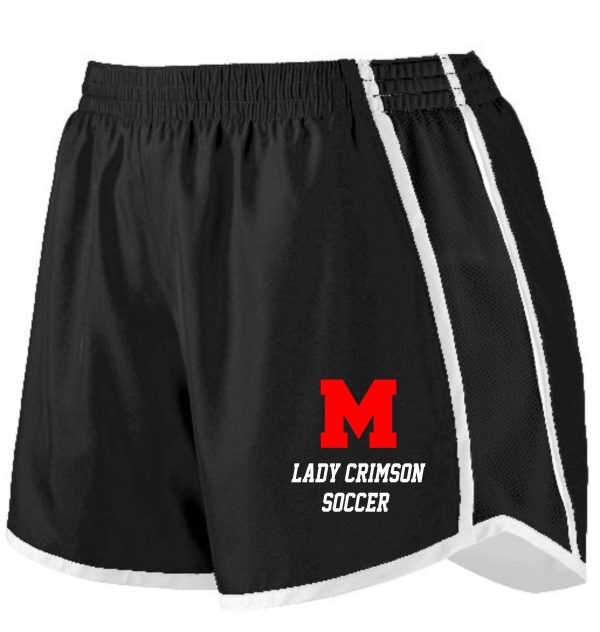 Manual Lady Crimson Soccer shorts with a red "m" logo and the words "lady crimson soccer" on the left leg.