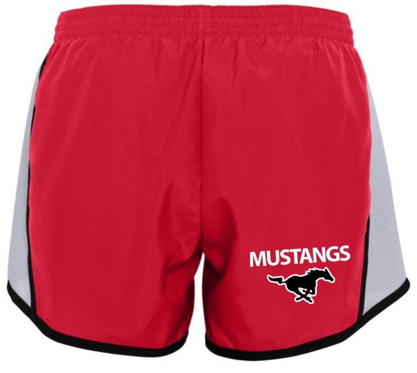 St Margaret Mary Spirit shorts Aug 1265 Adult or 1266 Youth with a "mustangs" logo and a silhouette of a horse on the left leg, featuring white mesh panels on the sides.