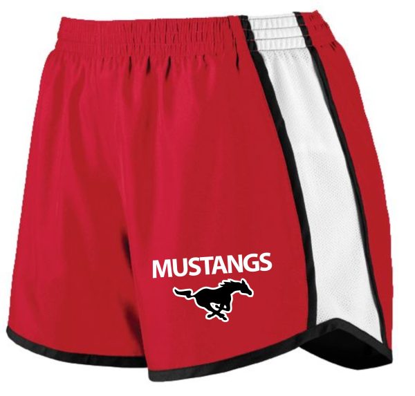 St Margaret Mary Spirit shorts Aug 1265 Adult or 1266 Youth with the word "mustangs" and a mustang silhouette logo on the left leg.