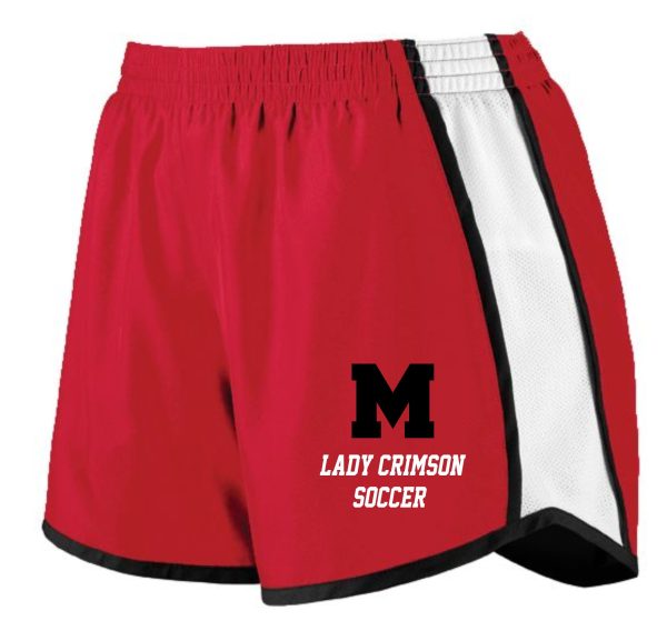 Red and white Manual Lady Crimson Soccer shorts with a black "m" and the words "lady crimson soccer" printed on the left leg.