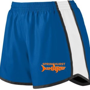 Blue and white athletic shorts with the Springhurst Sharks Ladies/Girls shorts Aug 1265 logo on the left leg.