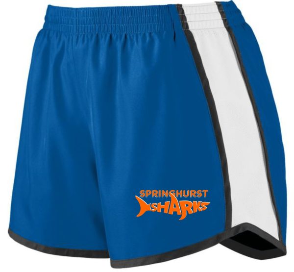 Blue and white athletic shorts with the Springhurst Sharks Ladies/Girls shorts Aug 1265 logo on the left leg.