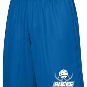 Blue Buckner basketball shorts with a white "bucks" logo and basketball design on the lower left leg.