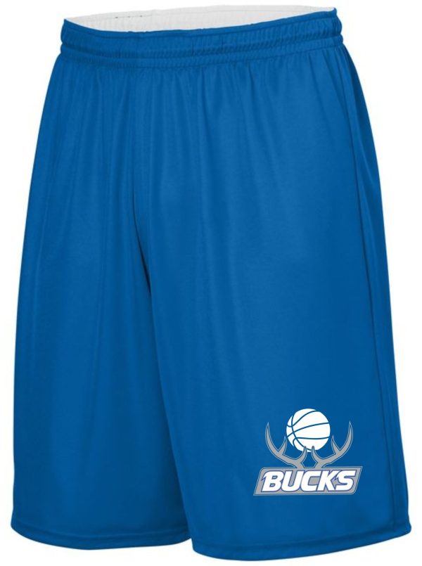 Blue Buckner basketball shorts with a white "bucks" logo and basketball design on the lower left leg.