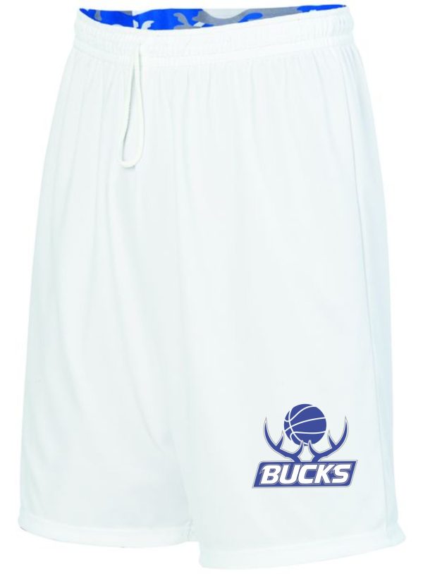 Buckner Basketball Shorts Augusta 1406 Adult/ 1407 Youth with a blue and white waistband and a "bucks" logo featuring a basketball and antlers on the left leg.