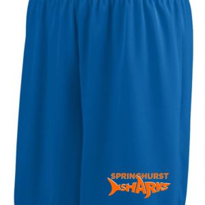 Blue Springhurst Sharks Augusta moisture wicking 7 inch shorts 1425 with an elastic waistband and the logo "springshurst sharks" in orange on the right leg.