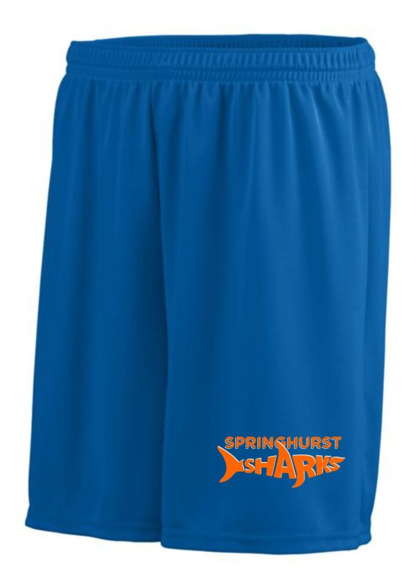 Blue Springhurst Sharks Augusta moisture wicking 7 inch shorts 1425 with an elastic waistband and the logo "springshurst sharks" in orange on the right leg.