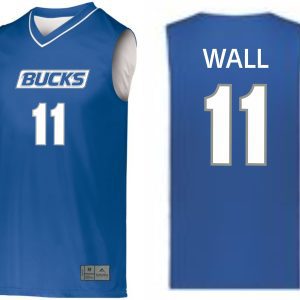 Front and back views of a blue Bucks Basketball Jersey Augusta 152 Adult/ 153 Youth with the text "bucks" and number "11" on the front, and "wall" with number "11" on the back.