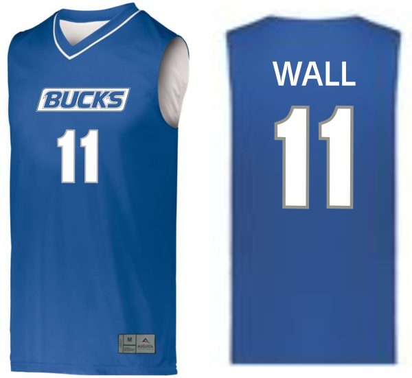 Front and back views of a blue Bucks Basketball Jersey Augusta 152 Adult/ 153 Youth with the text "bucks" and number "11" on the front, and "wall" with number "11" on the back.