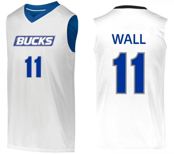 Front and back view of a white and blue Bucks Basketball Jersey Augusta 152 Adult/ 153 Youth with "bucks" on the front, "wall" on the back, and the number 11 on both sides.