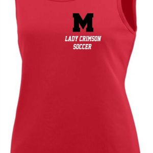 Manual Lady Crimson Soccer Ladies tank top Augusta 1705 with a black "m" logo and the words "lady crimson soccer" printed on the front.