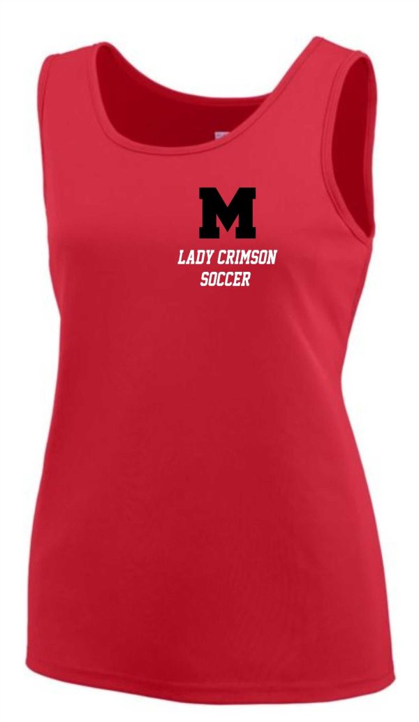 Manual Lady Crimson Soccer Ladies tank top Augusta 1705 with a black "m" logo and the words "lady crimson soccer" printed on the front.