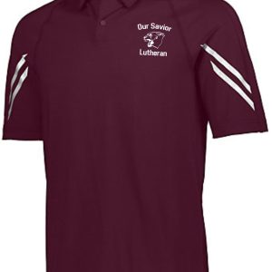 OSLS Coaches Mens Maroon Moisture wicking polo Aug 222513 with a logo and the text "our savior lutheran" embroidered on the left chest, featuring white accent stripes on the sleeves.