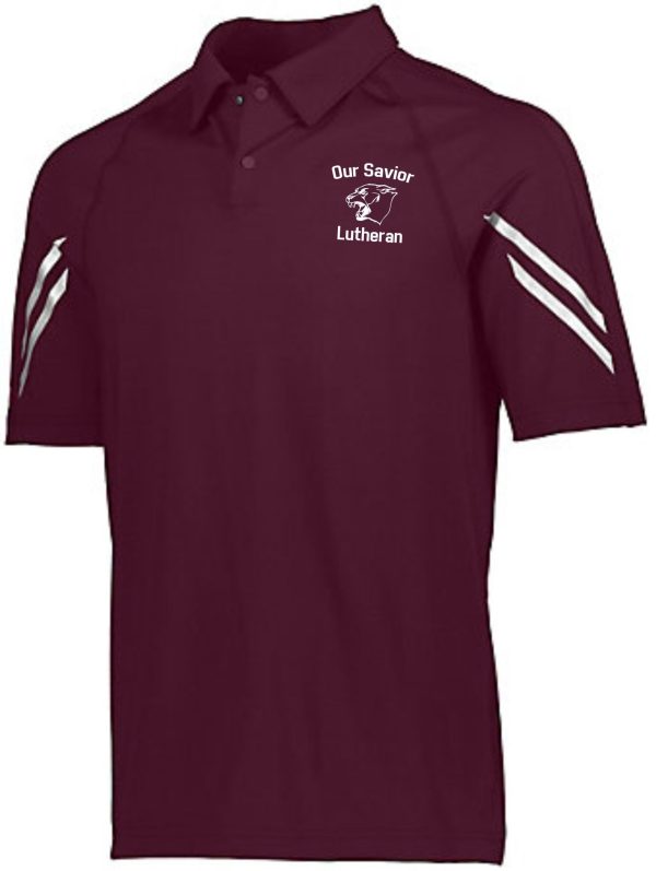 OSLS Coaches Mens Maroon Moisture wicking polo Aug 222513 with a logo and the text "our savior lutheran" embroidered on the left chest, featuring white accent stripes on the sleeves.