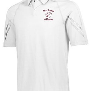 White OSLS Coaches Mens Moisture wicking polo shirt with "our savior lutheran" logo embroidered on the left chest area.