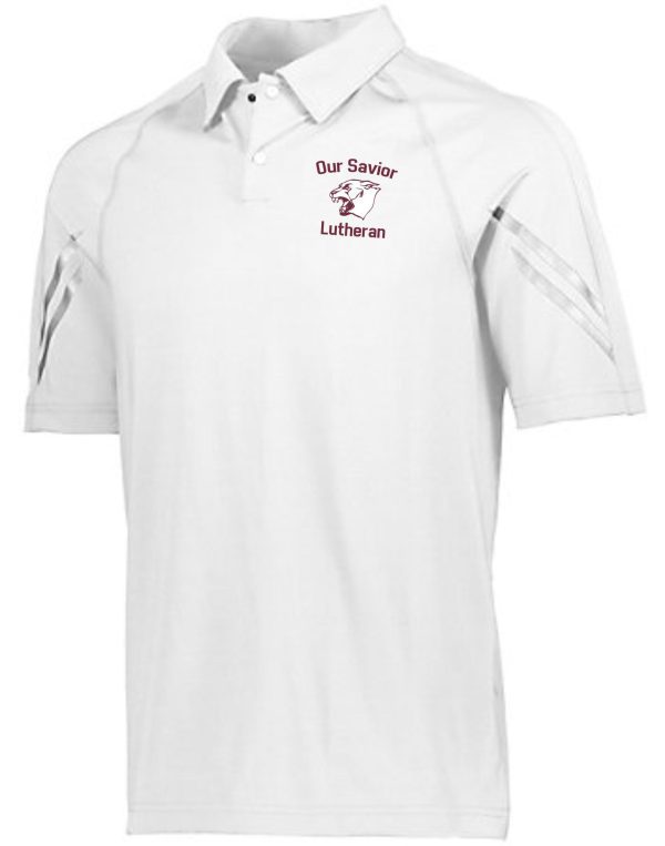 White OSLS Coaches Mens Moisture wicking polo shirt with "our savior lutheran" logo embroidered on the left chest area.