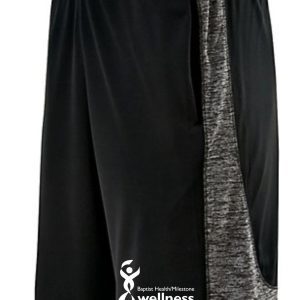 Black and grey athletic shorts with a wellness center logo.