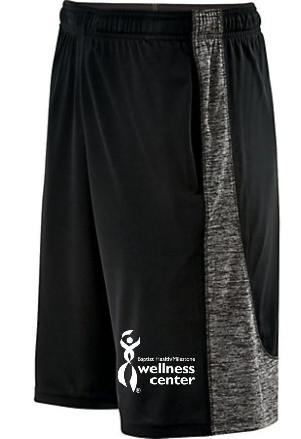 Black and grey athletic shorts with a wellness center logo.