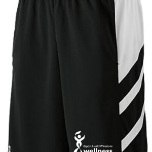 Black and white athletic shorts with logo.