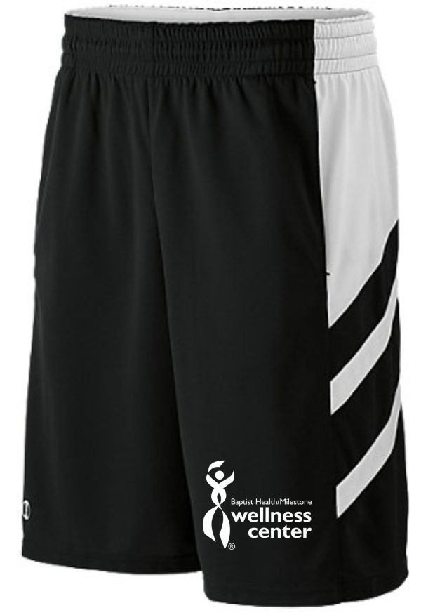 Black and white athletic shorts with logo.