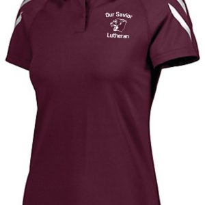 A OSLS Coaches Womens Maroon Moisture wicking polo Aug 222713 with white accents on the shoulders, featuring the "our savior lutheran" logo embroidered on the left chest.