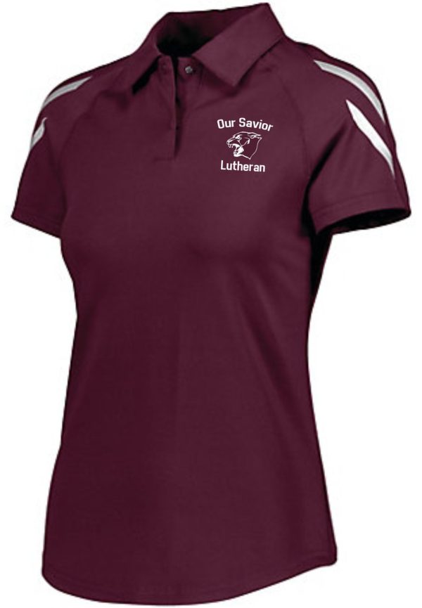 A OSLS Coaches Womens Maroon Moisture wicking polo Aug 222713 with white accents on the shoulders, featuring the "our savior lutheran" logo embroidered on the left chest.