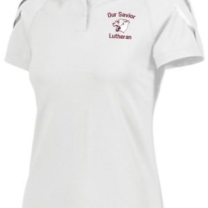 White OSLS Coaches Womens Moisture wicking polo shirt with the "our savior lutheran" logo embroidered on the left chest, featuring a cross and fish symbol.