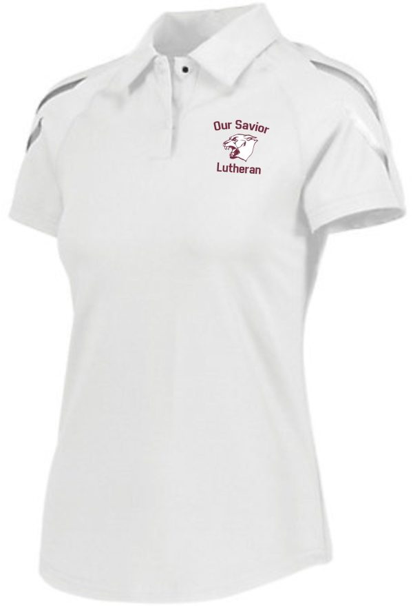 White OSLS Coaches Womens Moisture wicking polo shirt with the "our savior lutheran" logo embroidered on the left chest, featuring a cross and fish symbol.