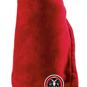 Manual Lady Crimson Soccer Tailgate Blanket Aug 223856 with a Miami University logo embroidered near the bottom, rolled up and standing vertically.