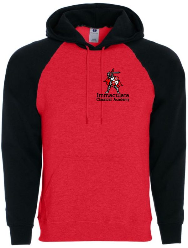 Immaculata Red/Black Hooded Sweatshirt 229179 with "immaculata classical academy" logo on the chest.