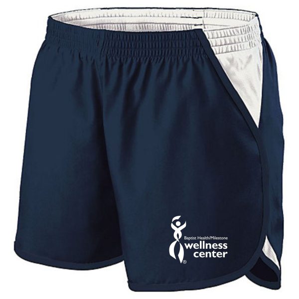 Navy blue running shorts with white logo.