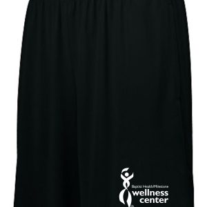 Black athletic shorts with wellness center logo.