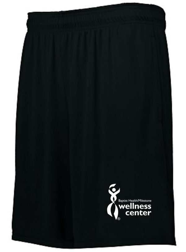 Black athletic shorts with wellness center logo.