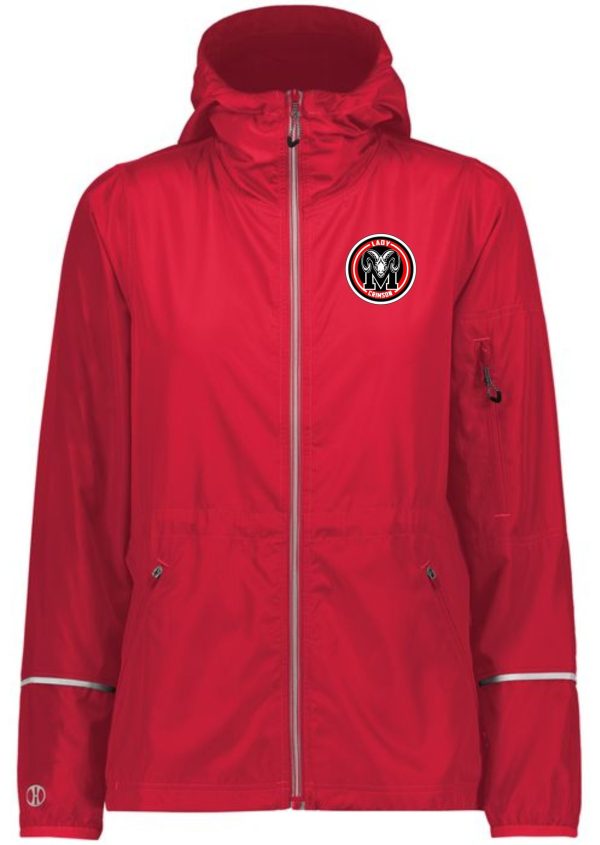 Manual Lady Crimson Soccer ADULT MENS Full zip 229582 jacket with a full zipper, hood, and multiple pockets, featuring a black and white logo patch on the left chest area.