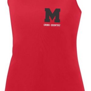 Red sleeveless athletic tank top with a gray "m" and "cross country" printed on the front.