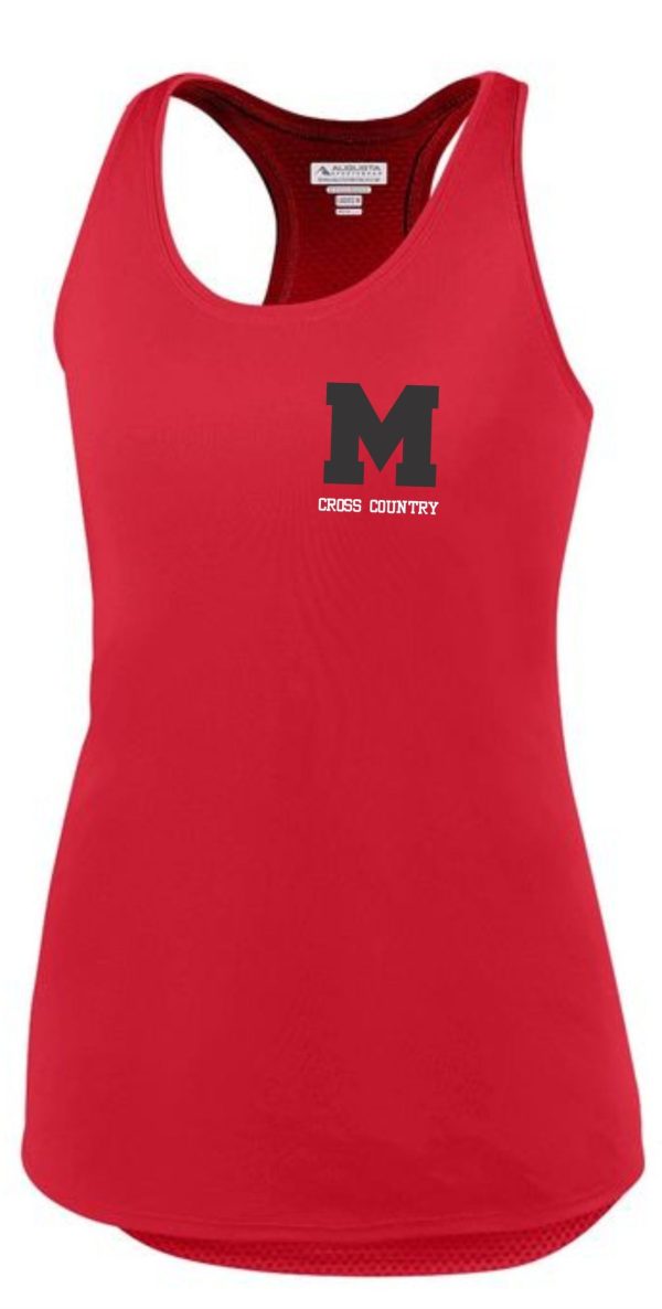 Red sleeveless athletic tank top with a gray "m" and "cross country" printed on the front.