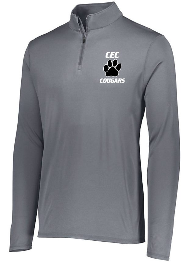 Gray half-zip pullover with CEC Baseball Attain Pullover Augusta 2785 and a paw print logo on the left chest.