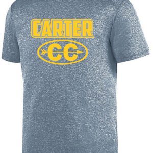 Heather gray t-shirt with the name "Carter CC Kinergy Fund Raiser Training T" and initials "cc" in yellow inside an oval, displayed on a plain background.