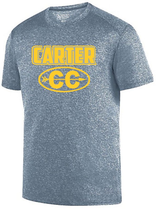 Heather gray t-shirt with the name "Carter CC Kinergy Fund Raiser Training T" and initials "cc" in yellow inside an oval, displayed on a plain background.