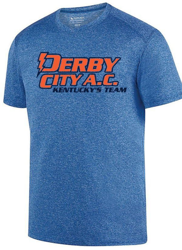 Derby City AC Kinergy Navy Short Sleeve Tshirt Aug 2801 with "derby city a.c. kentucky's team" logo in orange and white on the chest.